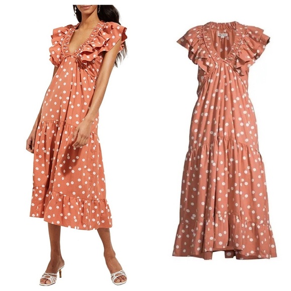 Roller Rabbit Polka Dot Ondine Tiered Ruffle Dress in Clay Color - Picture 1 of 16